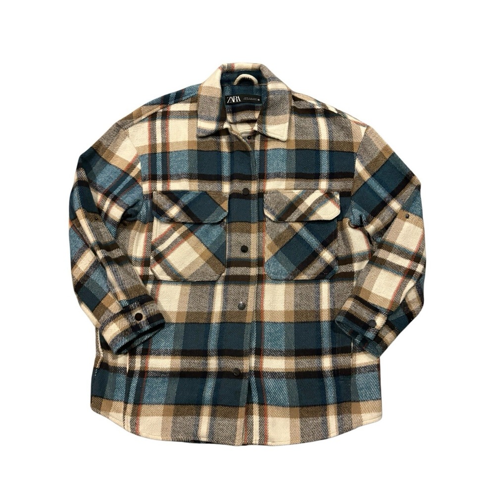 Zara Oversized Flannel Shirt Jacket Heavyweight Blue Cream Plaid Snap Women's XS